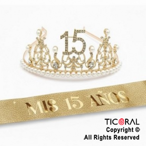 SET VINCHA Y BANDA MIS 15 A�OS PERLAS Y STRASS ORO (10548G) X 1